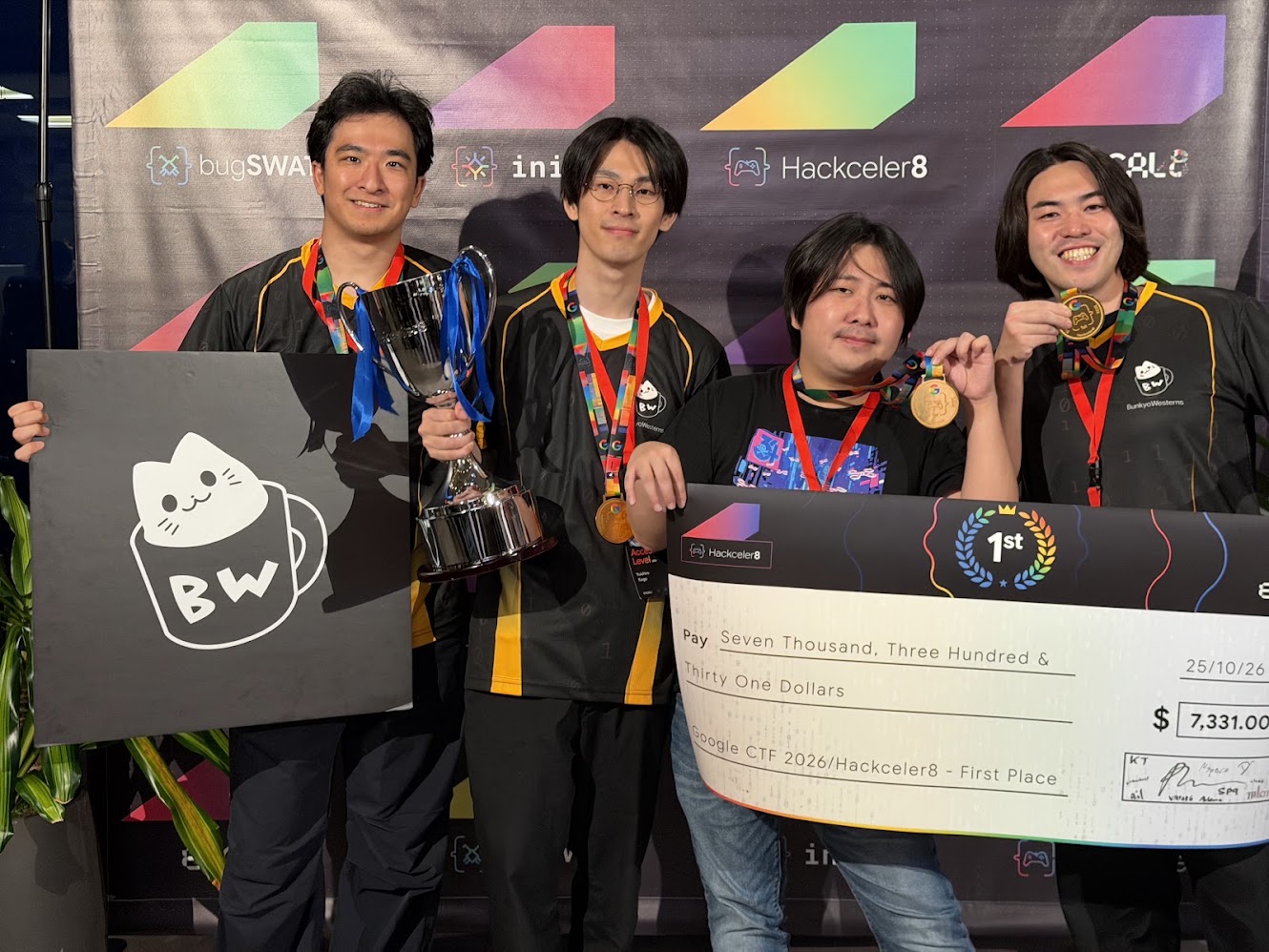 Hackceler8 2026 Singaporeで優勝し、トロフィー、金メダル、賞金$7,331のパネルを掲げるBunkyoWesterns